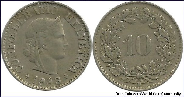 Switzerland 10 Rappen 1943B