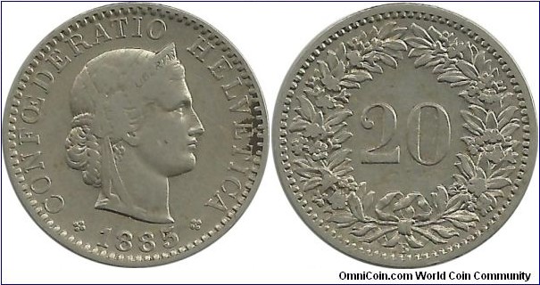 Switzerland 20 Rappen 1885B