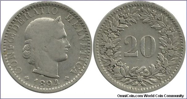 Switzerland 20 Rappen 1894B
