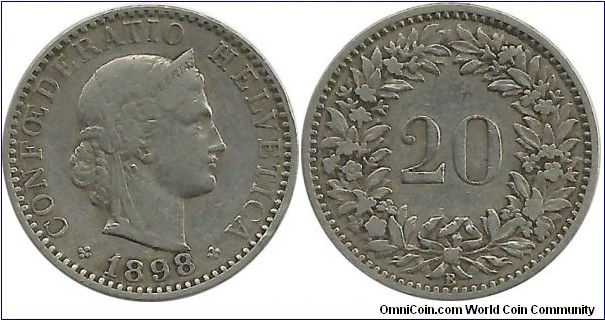 Switzerland 20 Rappen 1898B