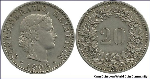 Switzerland 20 Rappen 1906B