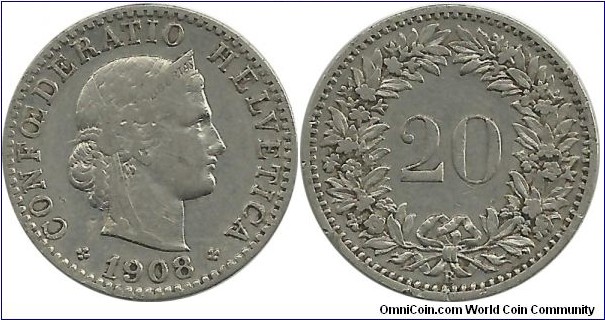 Switzerland 20 Rappen 1908B