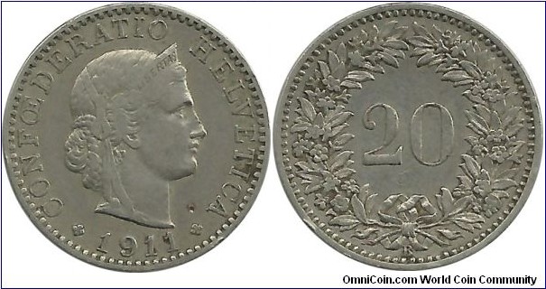 Switzerland 20 Rappen 1911B