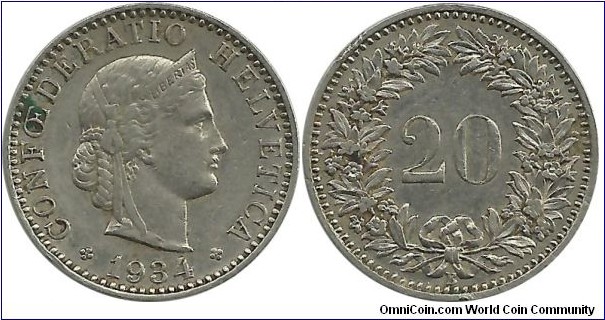 Switzerland 20 Rappen 1934B