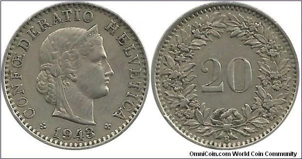 Switzerland 20 Rappen 1943B