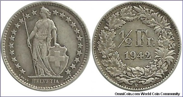 Switzerland ½ Franc 1942B