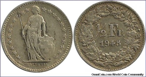 Switzerland ½ Franc 1945B