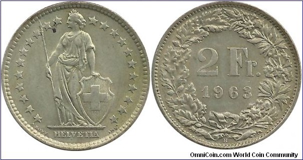 Switzerland 2 Francs 1963B