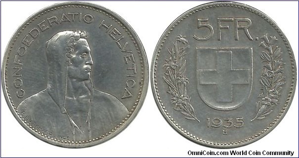 Switzerland 5 Francs 1935B