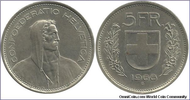 Switzerland 5 Francs 1968B