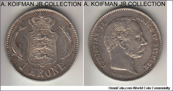 KM-797.1, 1875 Denmark krone; silver, reeded edge; Christian IX, good very fine to about extra fine, nice specimen.