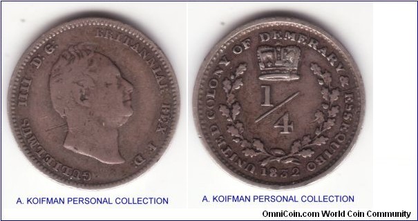 KM-17, 1832 Essequibo and Demarary; silver, plain edge; fine obverse and about very fine on reverse, mintage a mere 39,000