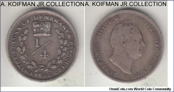 KM-17, 1832 Essequibo and Demarary; silver, plain edge; fine obverse and about very fine on reverse, mintage a mere 39,000