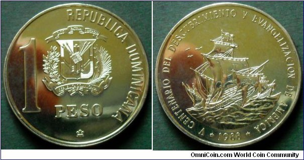Dominicana 1 peso.
1988, 500th Anniversary of Discovery and Evangelization.
