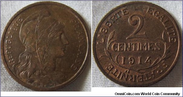 1914 2 centimesin EF grade, a scarce denomination and lowest mintage at 500k