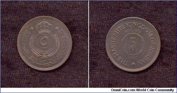 Jordan, A.D. 1967, 5 Fils, Circulation Coin, Uncirculated, KM # According to Krause Catalogue: 15.