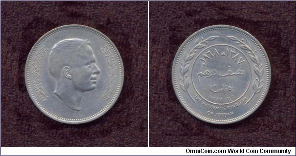 Jordan, A.D. 1968, 50 Fils, Circulation Coin, Uncirculated, KM # According to Krause Catalogue: 18.