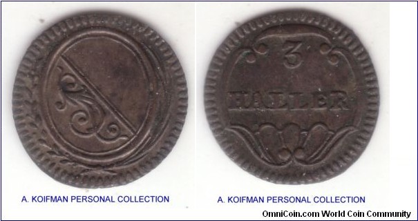 KM-180, ND (1827-1841) Switzerland canton Zurich 3 haller; billon; high grade, virtually no wear, some dirt and grime, nice although dark specimen.