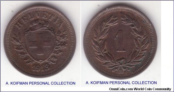 KM-3.2, 1913 Switzerland rappen, Bern mint (B mintmark); bronze, plain edge; dark toned about uncirculated.