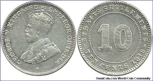 StraitsSettlements 10 Cents 1918