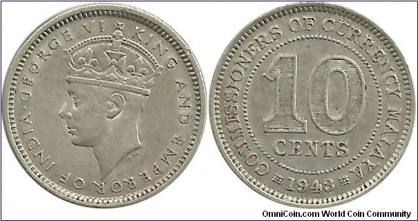 Malaya 10 Cents 1943