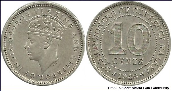 Malaya 10 Cents 1943