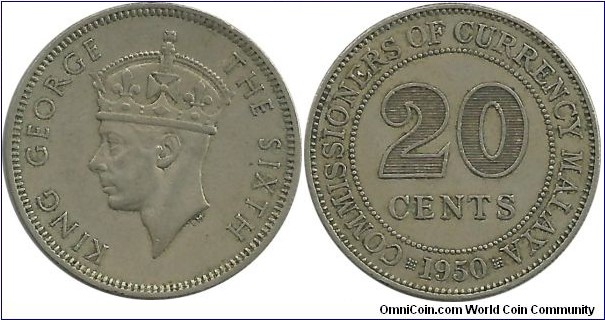Malaya 20 Cents 1950