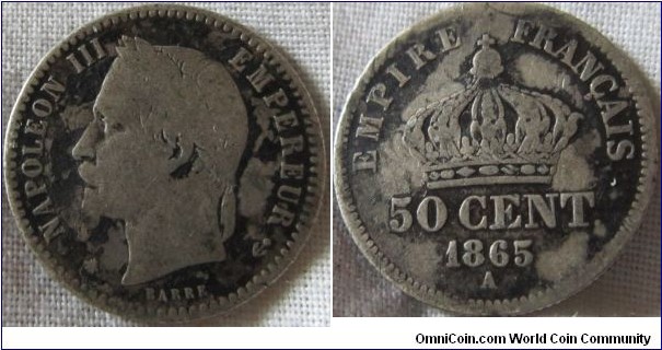 1865 50 centimes, aF grade