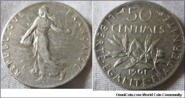 1901 50 centimes EF grade.
