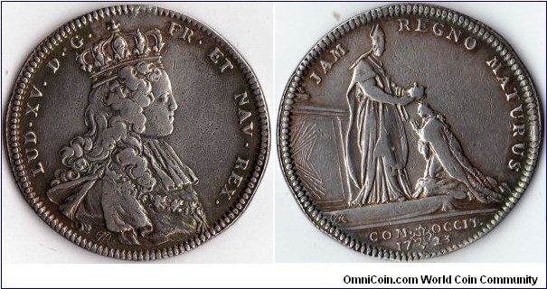 silver jeton dated 1723 minted for the Languedoc Estates. \obverse bust of the young Louis XV. Reverse, Louis XV consecration at Rheims.