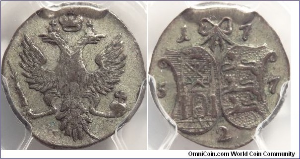 AR 2 kopeeks made for circulation in the Baltic provinces of Livonia and Estlandia. PCGS XF-45.
