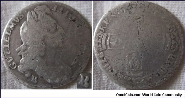 1696 sixpence, low grade B bintmark for Bristol
