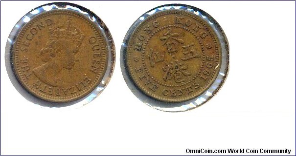 Hong Kong Five Cents, QES, Reeded-security-edge, Nickel-brass.