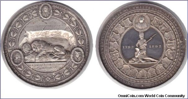 1892 Swiss-France Guard Massacre Centenary Medal by Antoon Schneyder. Silver: 60MM./96.8 gm.
Obv: Lion of Lucerne, monument to the heroic scarifice of French King Louis XVI's Swiss Guard, massacred by the blood-mad Paris mob in August-September 1792. Rev: Swiss Soilders surrounded by 17 Canton Shield. Heroic Death of the Swiss in Paris.
