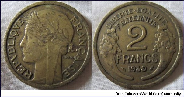 1939 brass 2 francs VF