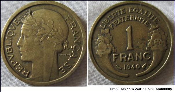 1940 brass 1 franc VF+