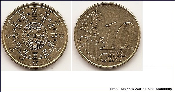 10 Euro cent
KM#743
4.0700 g., Brass, 19.7 mm. Obv: Royal seal of 1142, country name in circular design Obv. Designer: Vitor Santos Rev: Value and map Rev. Designer: Luc Luycx Edge: Reeded