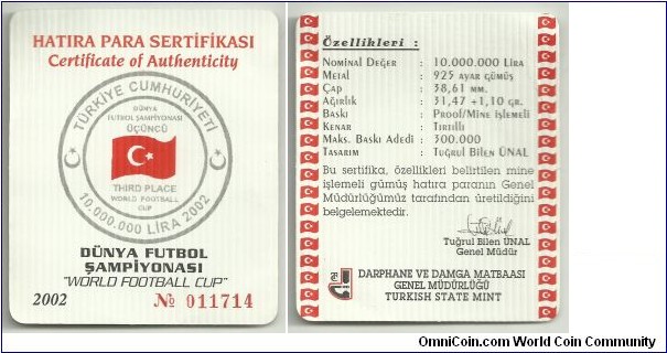 Türkiye 10000000 Lira 2002-World Football Cup Third Place - Certificate