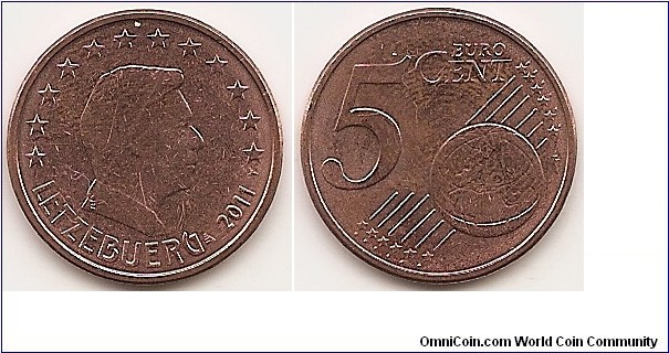 5 Euro cent
KM#77
3.9000 g., Copper Plated Steel, 21.3 mm. Ruler: Henri Obv: Head right Obv. Designer: Yvette Gastauer-Claire Rev: Value and globe Rev. Designer: Luc Luycx Edge: Plain