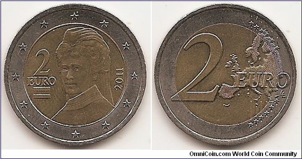 2 Euro
KM#3143
8.5000 g., Bi-Metallic Nickel-Brass center in Copper-Nickel ring, 25.75 mm. Obv: Bust of Bertha von Suttner, Novelist and winner of 1905 Peace Prize, at right facing left in inner circle, stars in outer circle Obv. Designer: Josef Kaiser Rev: Value at left, expanded relief map of European Union at right Rev. Designer: Luc Luycx Edge Lettering: 2 EURO ★★★