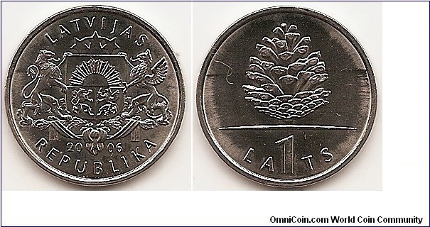 1 Lats
KM#74
4.8000 g., Copper-Nickel, 21.75 mm. Obv: National arms Rev: Pine cone above value Edge Lettering: LATVIJAS BANKA • LATVIJAS BANKA