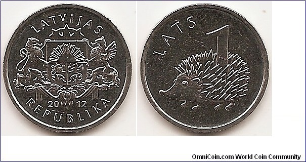1 Lats
KM#135
4.8000 g., Copper-Nickel, 21.75 mm. Obv: National arms Rev: Hedgehog