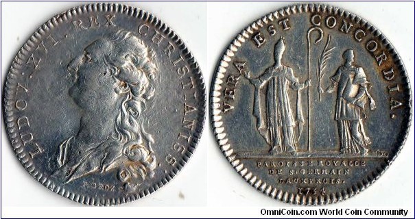 Silver jeton struck for the wardens of the parish of St Germain L'Auxerois (Paris)using the same reverse die as first used in 1734. The original jeton had the bust of \louis XV. This jeton, the bust of his son, Louis XVI. Thisjeton, issued late in the reign of  Louis XVI is quite rare.