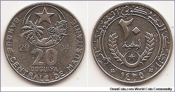 20 Ouguiya -AH1425-
KM#5a
7.8000 g., Nickel Plated Steel, 28.05 mm. Obv: National emblem divides date above value Obv. Legend: BANQUE CENTRALE DE MAURITANIE Rev: Star and crescent divide sprigs below value within circle Edge: Reeded