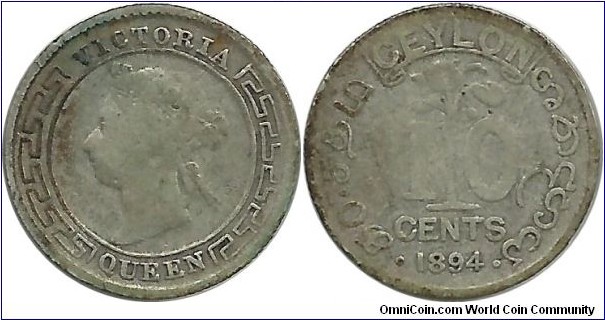 Ceylon-British 10 Cents 1894