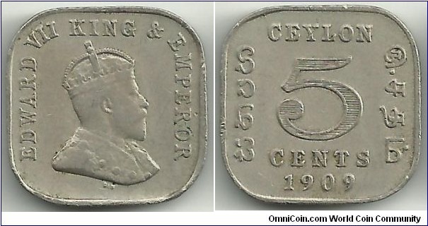 Ceylon-British 5 Cents 1909