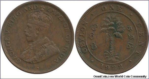 Ceylon-British 1 Cent 1922