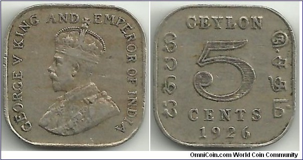 Ceylon-British 5 Cents 1926