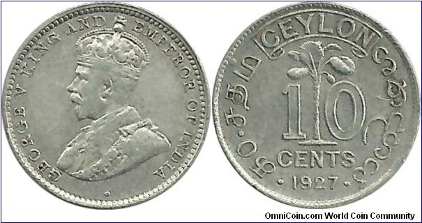 Ceylon-British 10 Cents 1927