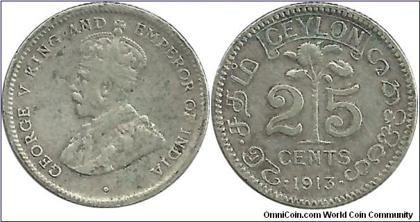 Ceylon-British 25 Cents 1913